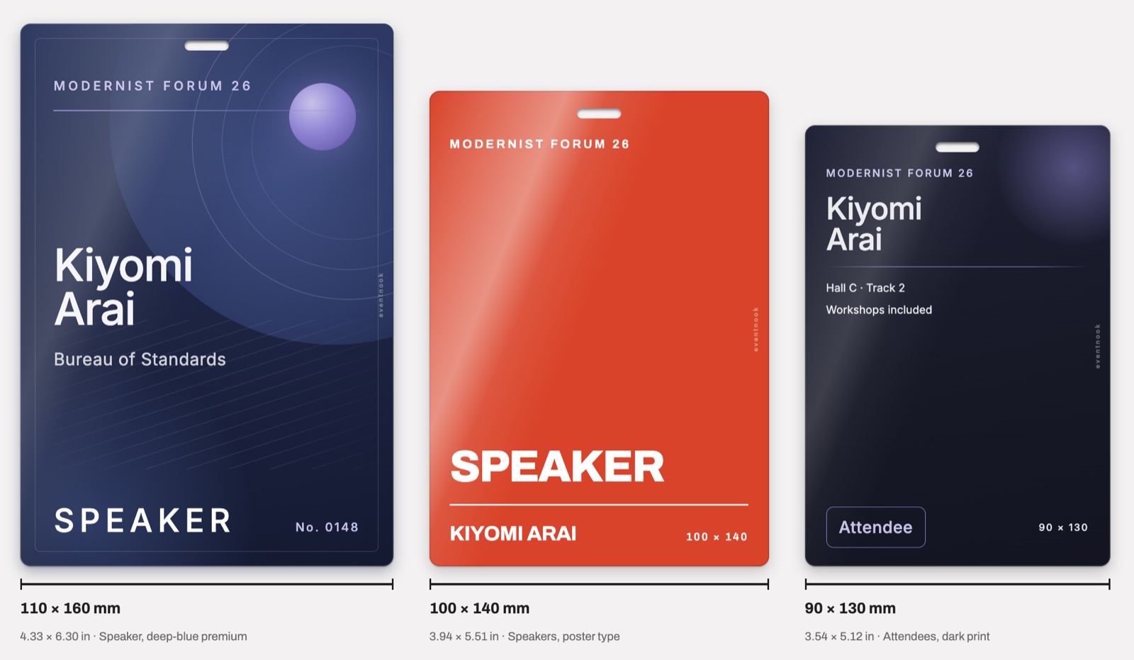 Large PVC card badges drawn to scale in 110 × 160 mm, 100 × 140 mm and 90 × 130 mm: a deep-blue speaker badge, a red poster-style speaker badge and a dark attendee badge