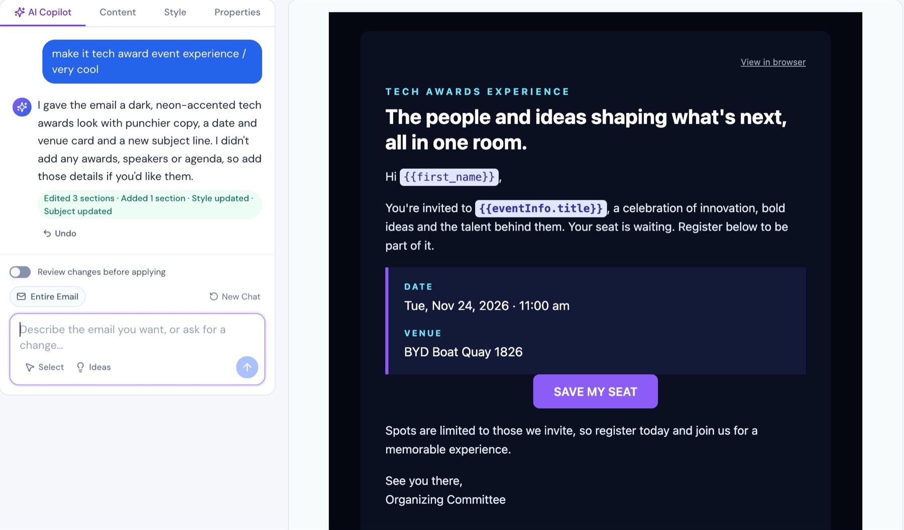 AI Copilot in the EventNook Contact CRM: the request 'make it tech award event experience, very cool' and the resulting dark invitation email with date, venue and a Save My Seat button