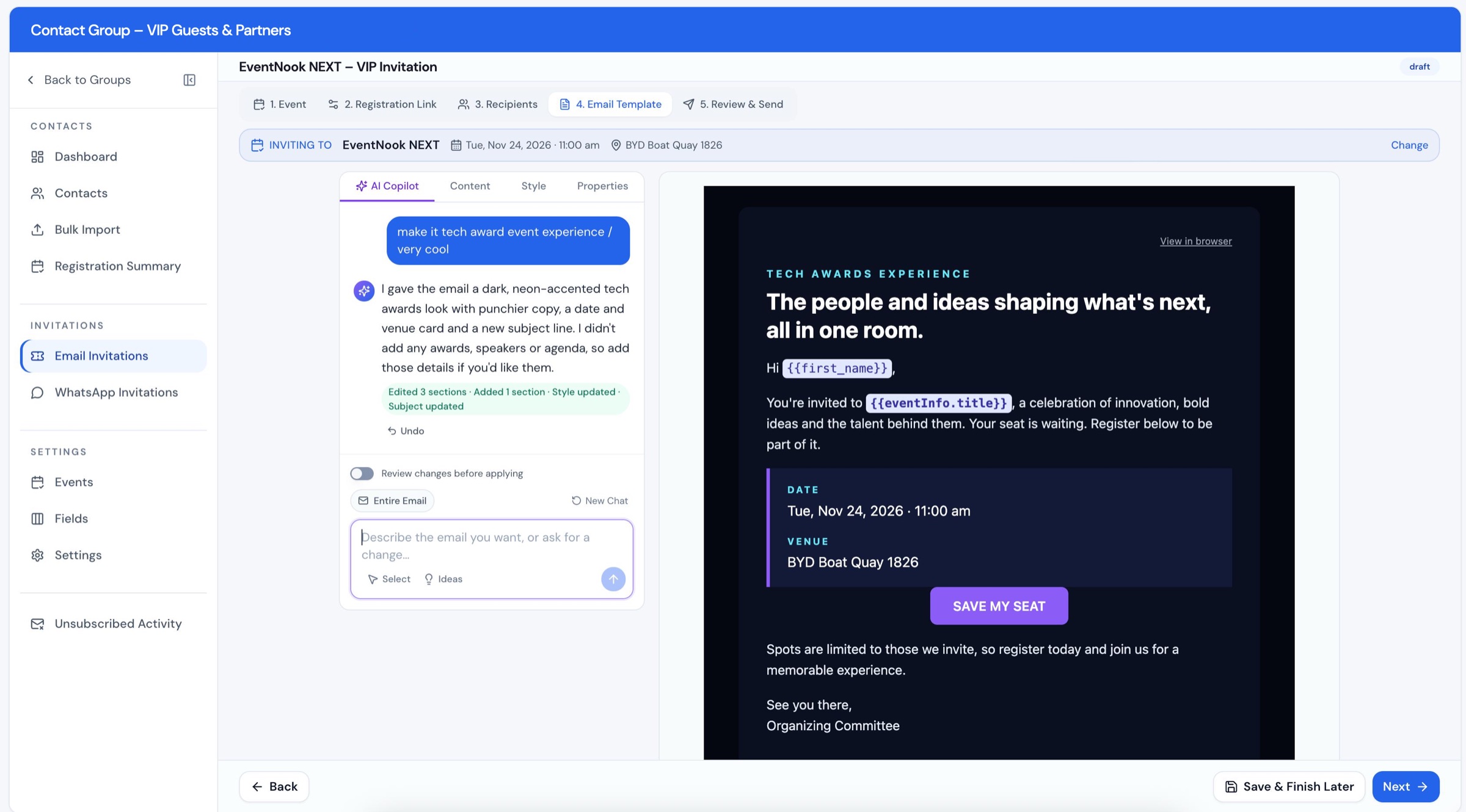 EventNook Contact CRM invitation wizard: the email template step, with the AI Copilot panel on the left and a dark tech-awards invitation email preview on the right
