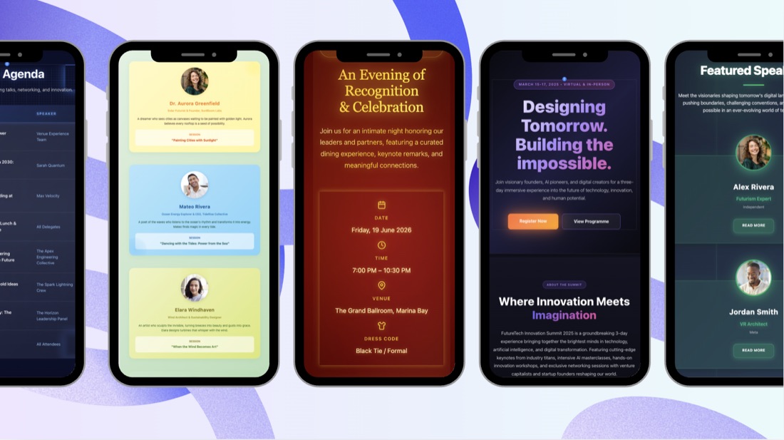 Event website designs generated with EventNook FlowAI