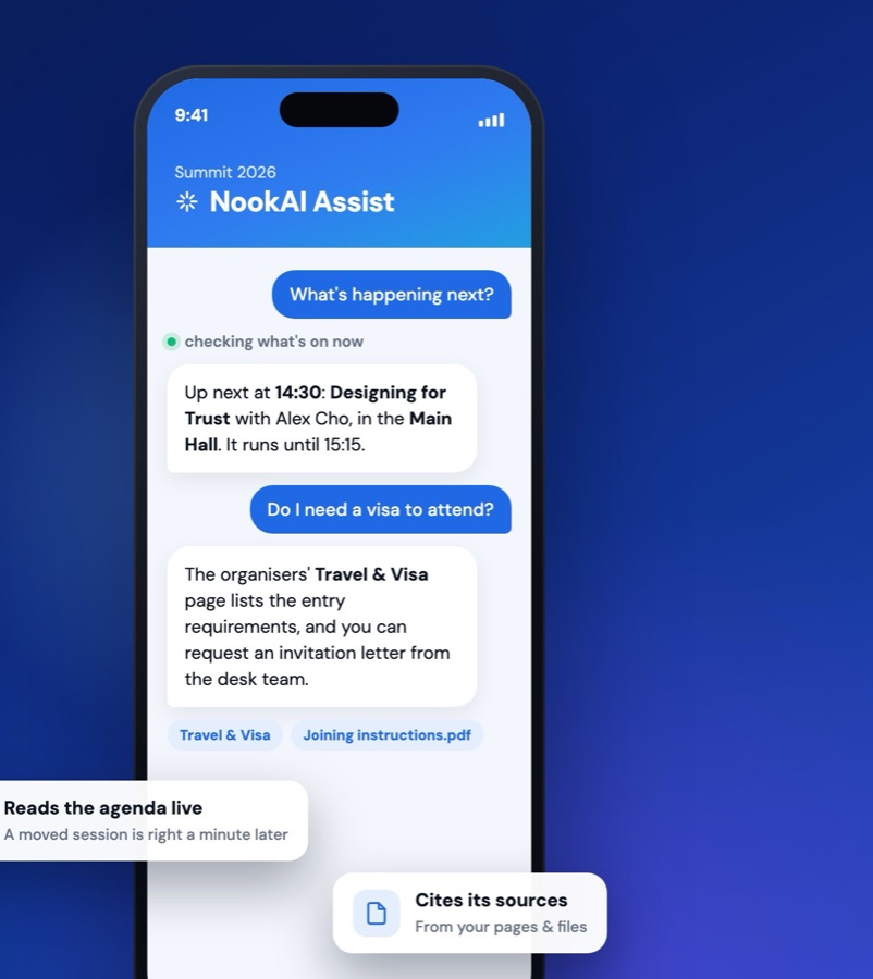 NookAI Assist answering attendee questions in the NookPass app