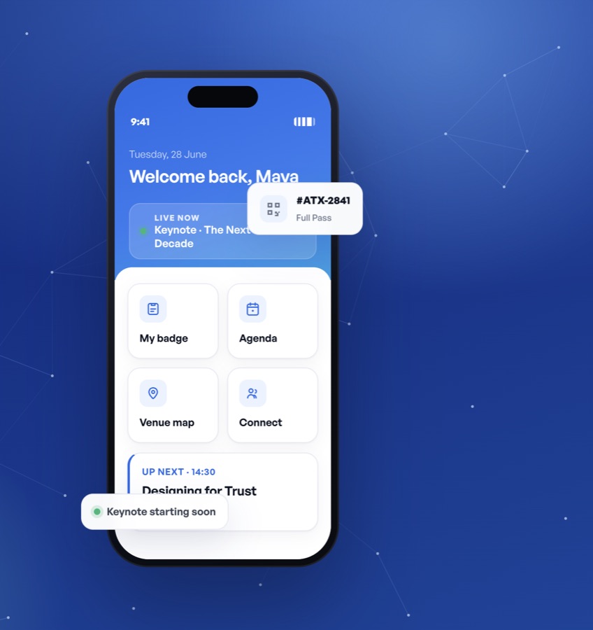 NookPass event app home screen with digital badge and agenda